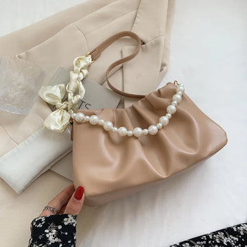 Xajzpa Fashion Pleated Crossbody Shoulder Bag Fashion Cloud PU Leather Small Handbags Purse Women Pearl Luxury Design Underarm Bags
